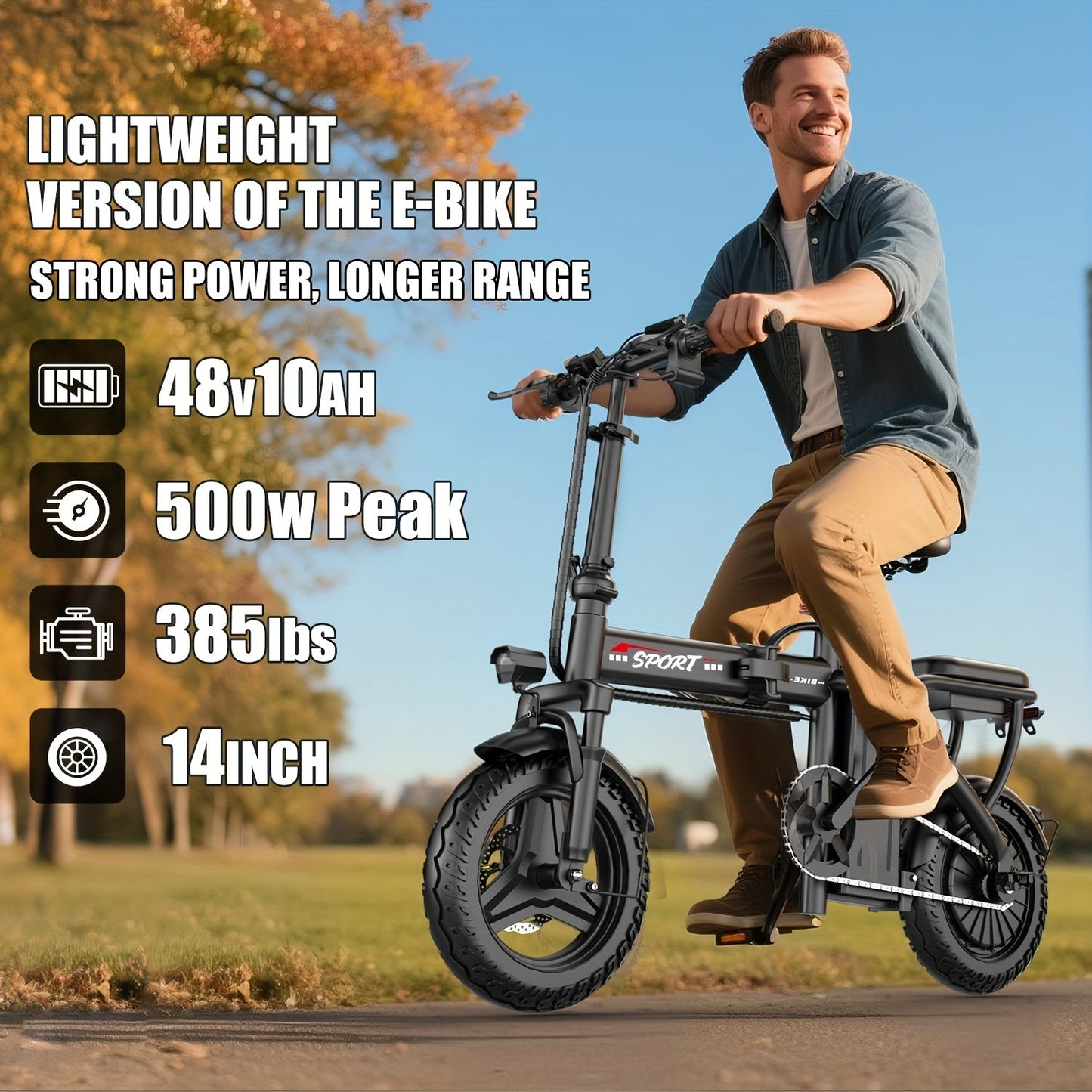 E-Bike Folding   500W 20MPH 35mi 48V Battery Black