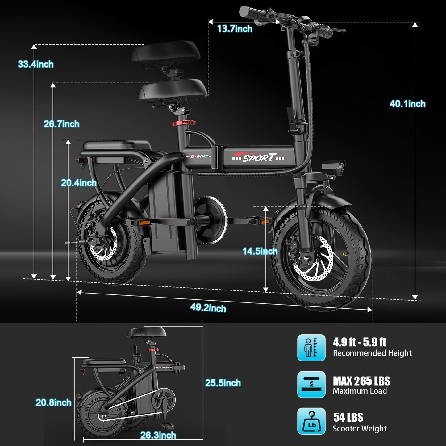 E-Bike Folding   500W 20MPH 35mi 48V Battery Black